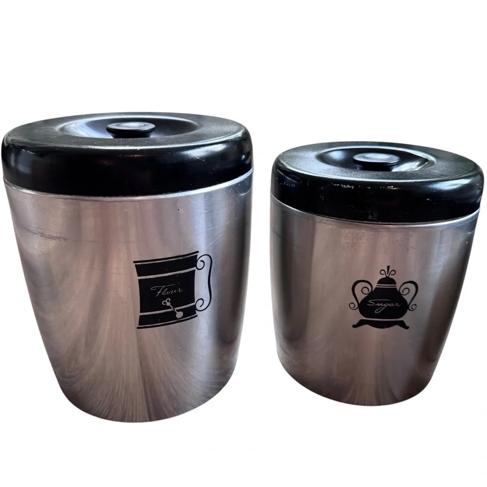 VTG West Bend Aluminum 4 Piece Nest Canister Set Silver With Black Lids USA MCM